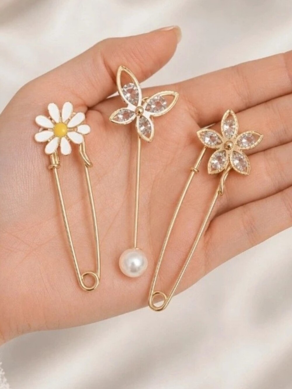 White Daisy, Crystal Flower, And Butterfly Safety Pin Brooches